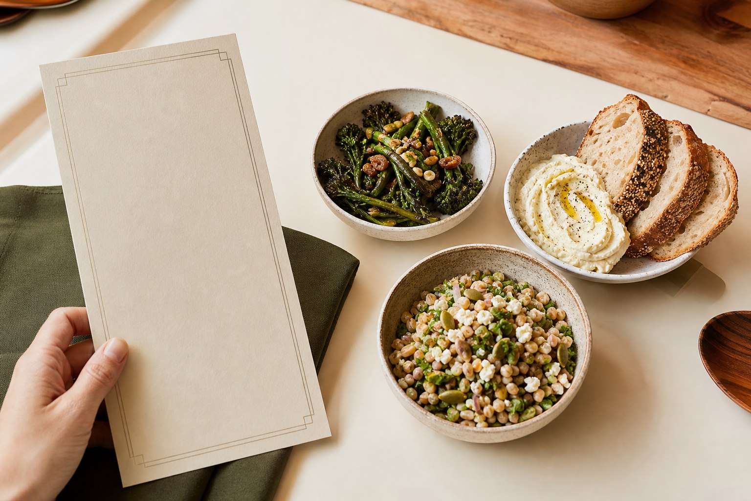 Eenvoudige menukaart naast brood, groentegerechten en een graansalade op een lichte tafel