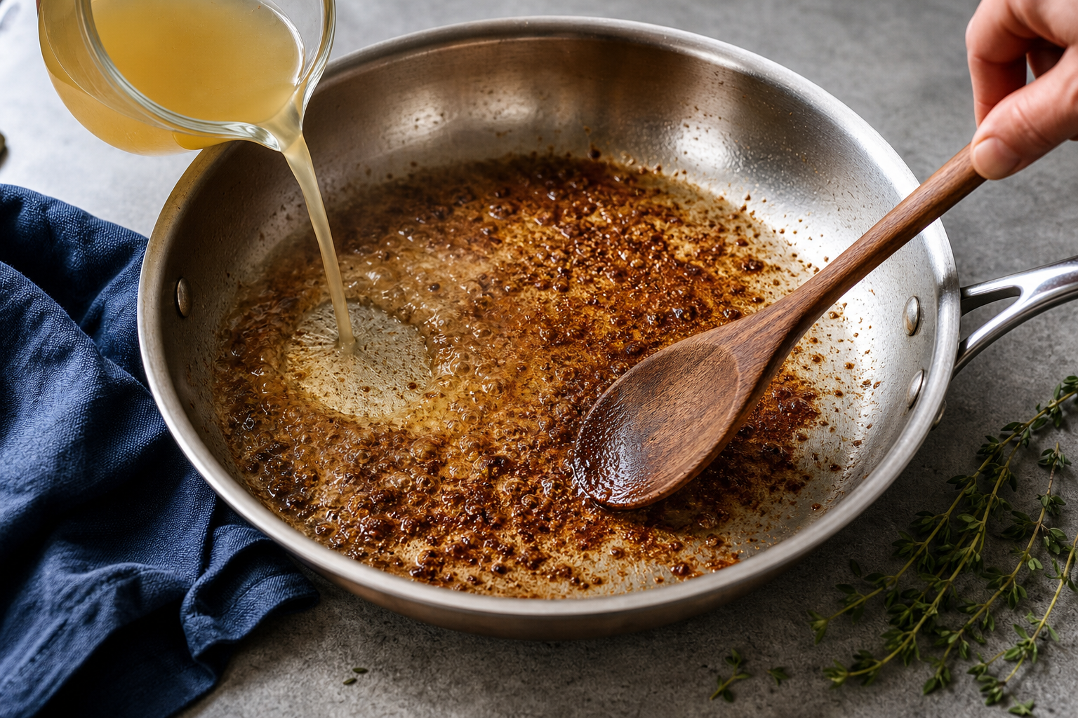 Bouillon wordt in een stalen koekenpan met goudbruine aanbaksels gegoten en losgeroerd