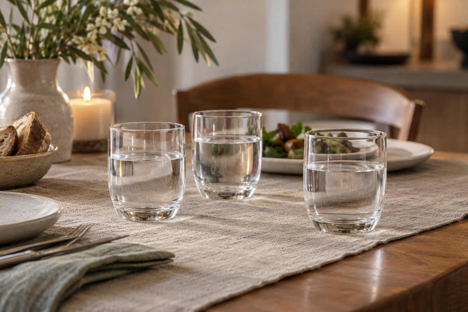 Drie identieke waterglazen op een gedekte tafel