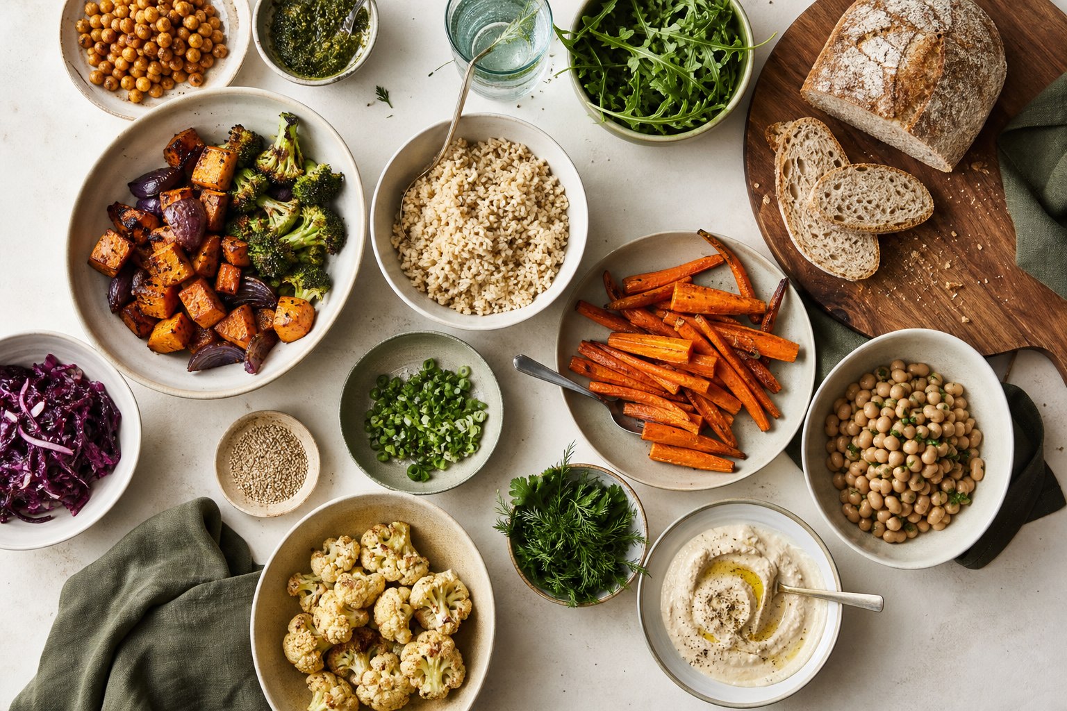 Tafel met geroosterde groenten, granen, bonen en brood om thuis verschillende maaltijden samen te stellen
